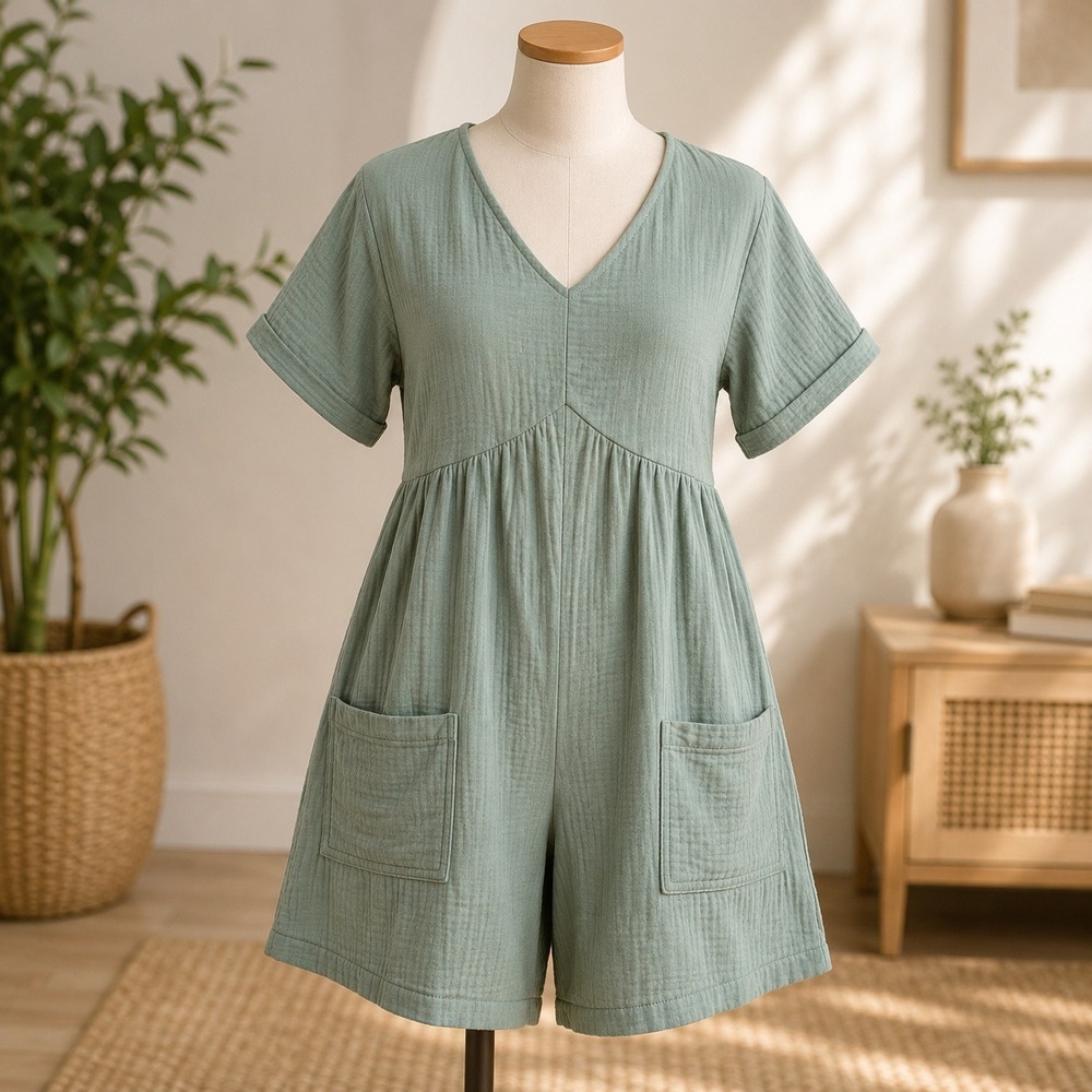 NWT Cupshe Romper Womens Medium Green Textured Gauze Short Sleeve V-Neck Pockets